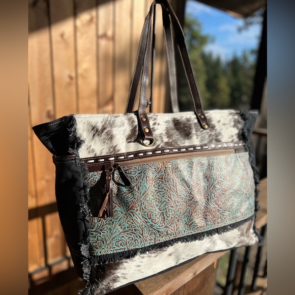 🌹New Myra Bag Cowhide Canvas Leather Weekender Travel XL extra large tote - Picture 4 of 8